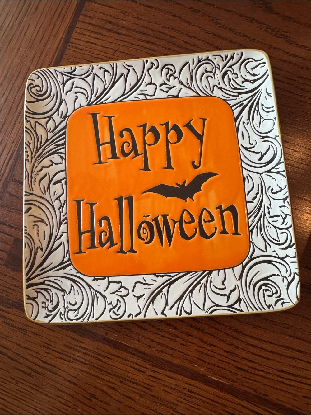 Happy Halloween Ceramic Plate Dish 2017 InHomeStylez Embossed Orange Bat